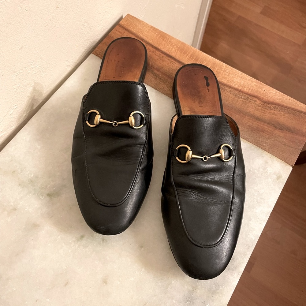 GUCCI Princetown Black Leather Horsebit Loafer Mules Size 38.5